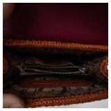 Floral White Leather Flap Handbag with Brown Crochet-Woven Body & Heart Clasp