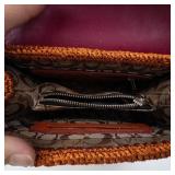 Floral White Leather Flap Handbag with Brown Crochet-Woven Body & Heart Clasp