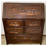 Asian Carved 5 Drawer Secretary Desk