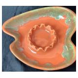 MCM Orange & Green Drip Glaze Ceramic Ashtrays by California Pottery