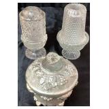 Liquid Silver Glazed Footed Jeanette Glass Lidded Dish and Fairy Lamps