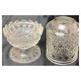Liquid Silver Glazed Footed Jeanette Glass Lidded Dish and Fairy Lamps