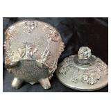 Liquid Silver Glazed Footed Jeanette Glass Lidded Dish and Fairy Lamps