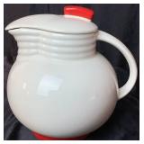 Vintage Milk Glass Measuring Cup with Red Trim and Utility Ware  Pitcher by Knowles China Co.