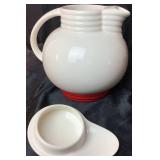 Vintage Milk Glass Measuring Cup with Red Trim and Utility Ware  Pitcher by Knowles China Co.
