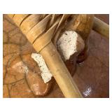 Ken Jensen Raku Pottery Interlocking  Lidded Jars, Butler Crumb Scraper and Hand Carved Wooden Statue of Chinese Scholar