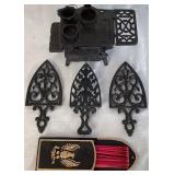 Cast Iron Bundle - Cast Iron Matchstick Holder, Crescent Miniature Stove and Cast Iron Sad Iron Cathedral Trivets
