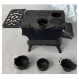 Cast Iron Bundle - Cast Iron Matchstick Holder, Crescent Miniature Stove and Cast Iron Sad Iron Cathedral Trivets