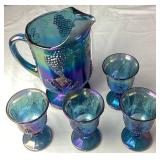 Indiana Glass Co Harvest Glass Blue Iridescent Carnival Glass Pitcher and Goblets Set