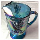Indiana Glass Co Harvest Glass Blue Iridescent Carnival Glass Pitcher and Goblets Set