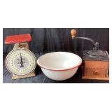 Vintage Kitchen Bundle - Way Rite Kitchen Scale, Cast Iron Coffee Grinder and 10" Red & White Enamelware Bowl