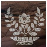Handmade Full Size Cream and Brown Cross Stitch Flower Quilt