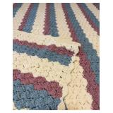 Handmade Multi-color Striped Crocheted Afghan in Mauve, Blue and Cream