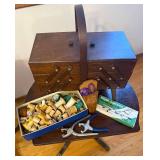 Mid Century Modern Wooden 3 Tier Accordion Sewing Box with Sewing Supplies