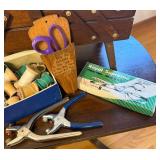 Mid Century Modern Wooden 3 Tier Accordion Sewing Box with Sewing Supplies