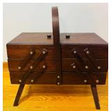 Mid Century Modern Wooden 3 Tier Accordion Sewing Box with Sewing Supplies