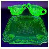 Uranium Glass Collection Lot 2 - Lorian Green Plate and Sugar & Creamer Set