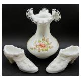 Kanawha Cabbage Rose Milk Glass Slippers and Vintage Hand Painted Silver Crest Ruffled Vase