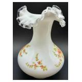 Kanawha Cabbage Rose Milk Glass Slippers and Vintage Hand Painted Silver Crest Ruffled Vase