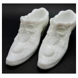 Kanawha Cabbage Rose Milk Glass Slippers and Vintage Hand Painted Silver Crest Ruffled Vase