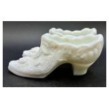 Kanawha Cabbage Rose Milk Glass Slippers and Vintage Hand Painted Silver Crest Ruffled Vase