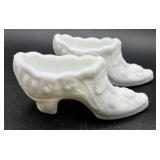 Kanawha Cabbage Rose Milk Glass Slippers and Vintage Hand Painted Silver Crest Ruffled Vase