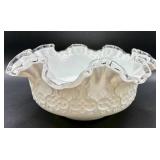 Fenton Art Glass Silver Crest Spanish Lace Ruffled Bowl and Silver Crest Basket