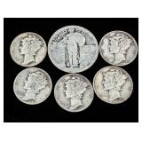 Standing Liberty Quarter and 5 Mercury Dimes (90% Silver)