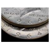 Two 1964 Kennedy Half Dollars - 90% Silver