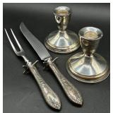 Sterling Silver Bundle of Weighted Candlesticks and Carving Set with Sterling Handles