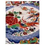 Hand Painted Japanese Porcelain Vase with Wooden Stand and Japanese Imari-Style Plate Shogun Dynasty