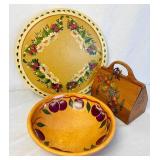 Hand Painted Wooden Lazy Susan, Box Purse and Munising 3-footed Serving Bowl