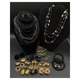 Vintage Black and Gold Tone Necklaces, Bracelets, Earrings and Brooch