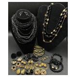 Vintage Black and Gold Tone Necklaces, Bracelets, Earrings and Brooch