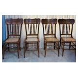 Set of Four Vintage Oak Pressed Back Dining Chairs with Cane Seats