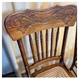 Set of Four Vintage Oak Pressed Back Dining Chairs with Cane Seats