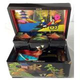 Vintage Hand Painted Japanese Black Lacquer Jewelry Music Box with 3 Compartments
