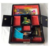 Vintage Hand Painted Japanese Black Lacquer Jewelry Music Box with 3 Compartments