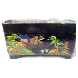 Vintage Hand Painted Japanese Black Lacquer Jewelry Music Box with 3 Compartments