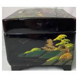 Vintage Hand Painted Japanese Black Lacquer Jewelry Music Box with 3 Compartments