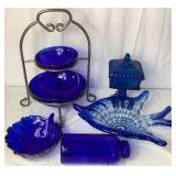 Beautiful Blue Collection - Blenko Cabbage Leaf Bowl, Godinger 2 Tier Bowl Stand, Jeanette Pedestal Covered Dish, Murano Style Fish Bowl and Cobalt Blue Jar