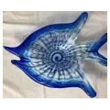 Beautiful Blue Collection - Blenko Cabbage Leaf Bowl, Godinger 2 Tier Bowl Stand, Jeanette Pedestal Covered Dish, Murano Style Fish Bowl and Cobalt Blue Jar