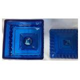 Beautiful Blue Collection - Blenko Cabbage Leaf Bowl, Godinger 2 Tier Bowl Stand, Jeanette Pedestal Covered Dish, Murano Style Fish Bowl and Cobalt Blue Jar