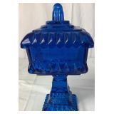 Beautiful Blue Collection - Blenko Cabbage Leaf Bowl, Godinger 2 Tier Bowl Stand, Jeanette Pedestal Covered Dish, Murano Style Fish Bowl and Cobalt Blue Jar