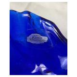 Beautiful Blue Collection - Blenko Cabbage Leaf Bowl, Godinger 2 Tier Bowl Stand, Jeanette Pedestal Covered Dish, Murano Style Fish Bowl and Cobalt Blue Jar