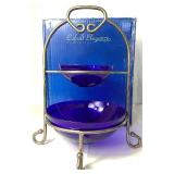 Beautiful Blue Collection - Blenko Cabbage Leaf Bowl, Godinger 2 Tier Bowl Stand, Jeanette Pedestal Covered Dish, Murano Style Fish Bowl and Cobalt Blue Jar