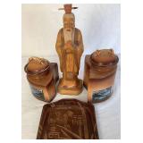 Ken Jensen Raku Pottery Interlocking  Lidded Jars, Butler Crumb Scraper and Hand Carved Wooden Statue of Chinese Scholar
