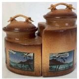 Ken Jensen Raku Pottery Interlocking  Lidded Jars, Butler Crumb Scraper and Hand Carved Wooden Statue of Chinese Scholar