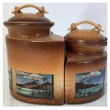 Ken Jensen Raku Pottery Interlocking  Lidded Jars, Butler Crumb Scraper and Hand Carved Wooden Statue of Chinese Scholar