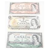 3) Canadian notes: 1) 2 dollar bill series 1954, 1 dollar bill series 1954 and series 1973
